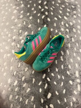 adidas Green Suede Platform Sneakers with Pink Stripes and Yellow Heel